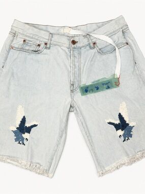 Off-White Light Blue Denim Shorts with Embroidered Birds